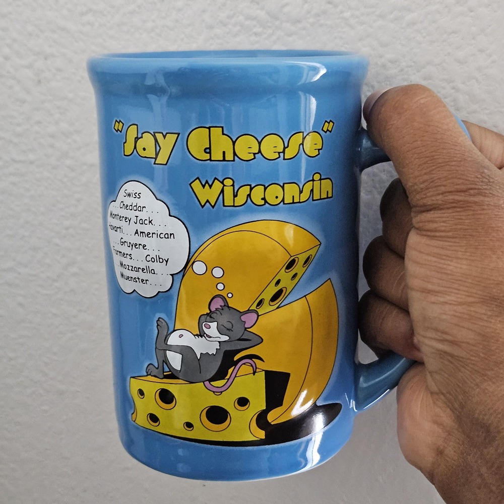 Say Cheese Wisconsin mouse 3D Blue Ceramic Mug Vintage